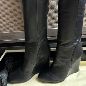 Modern Vintage knee high black leather wedge boots size 38